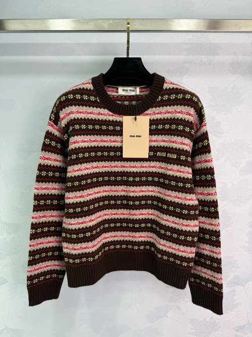 Miu Miu Hook Flower Round Neck Pullover Sweater, Custom Wool Blend, Elegant and Soft