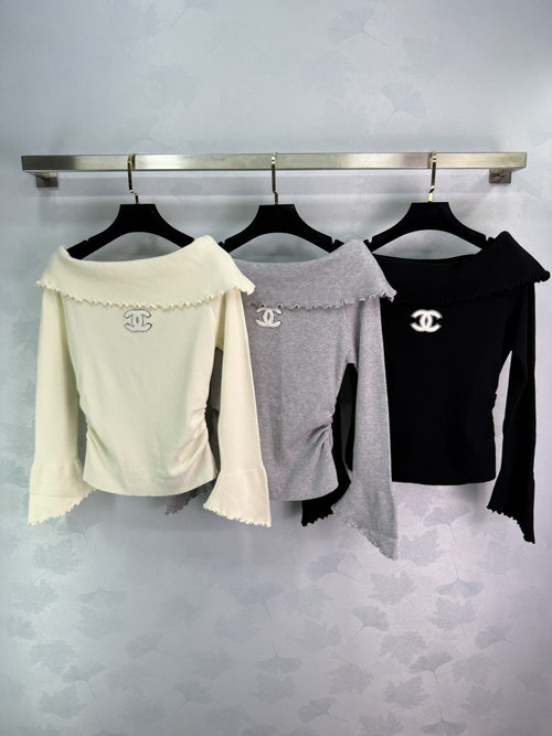 Chanel Off-the-Shoulder Knit Shirt with Ruffle and Logo Embroidery, Elegant and Slimming