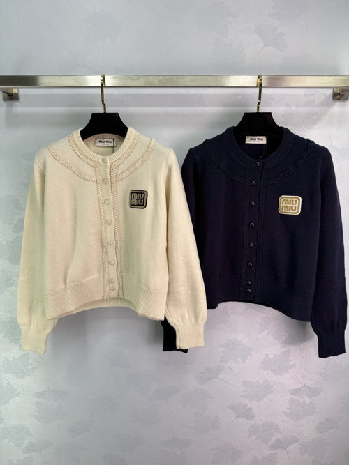 Miu Miu Round Neck Knit Cardigan with Golden Logo Embroidery, Twist Knit Texture