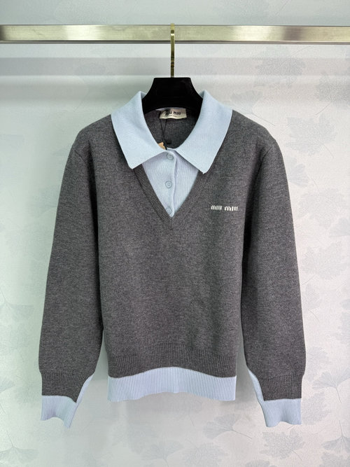 Miu Miu Faux Two-piece Knit Collared Blouse in YB Cashmere