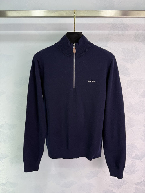 Miu Miu Navy Blue Half-Zip Knit Cardigan in Vintage College Style