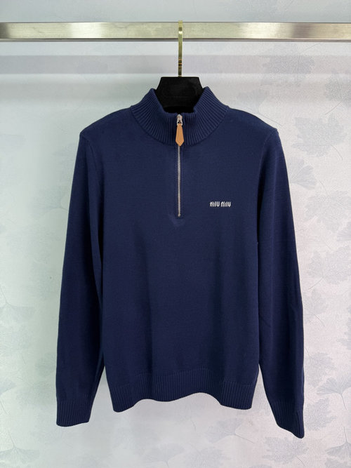 Miu Miu Zippered Knit Top with Letter Logo, Soft and Elegant