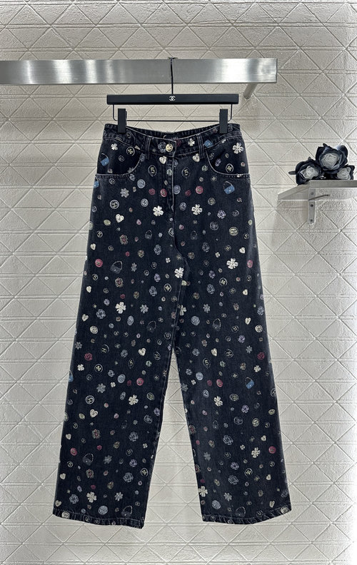 Chanel Wide-Leg Laser Jeans with Irregular Camellia Patterns