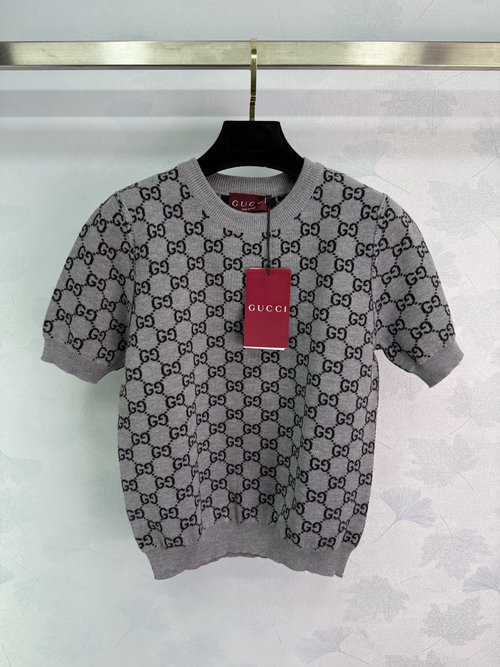 Gucci Reversible Jacquard Knit Round-Neck Short-Sleeve Top with Logo