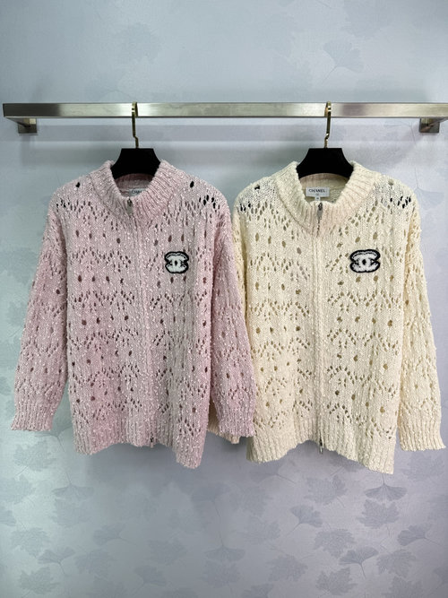 Chanel Hollow Knit Cardigan with CC Logo and Zipper Design