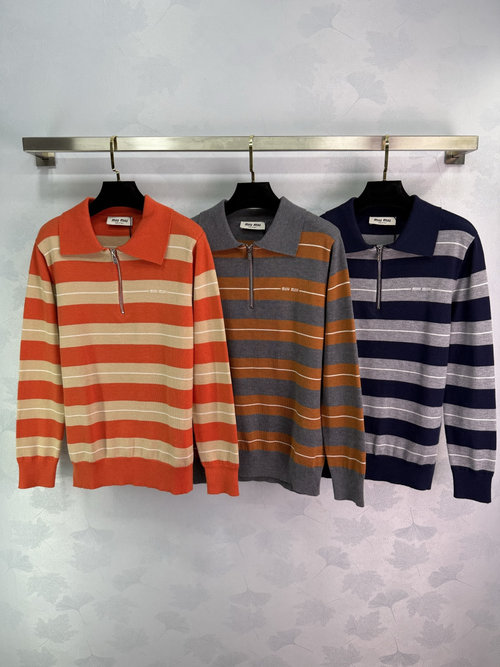 Miu Miu Stripe Knit Polo Shirt with Collar and Logo, Suitable for Daily Wear
