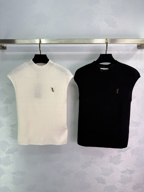 Yves Saint Laurent Stand-up Collar Knit Vest with Logo, Elegant