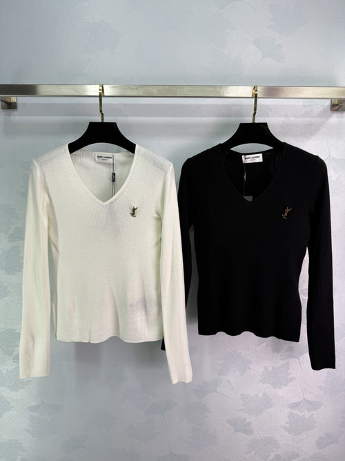Yves Saint Laurent V Neck Knit Long Sleeve with Vertical Stripes, Elastic and Slimming