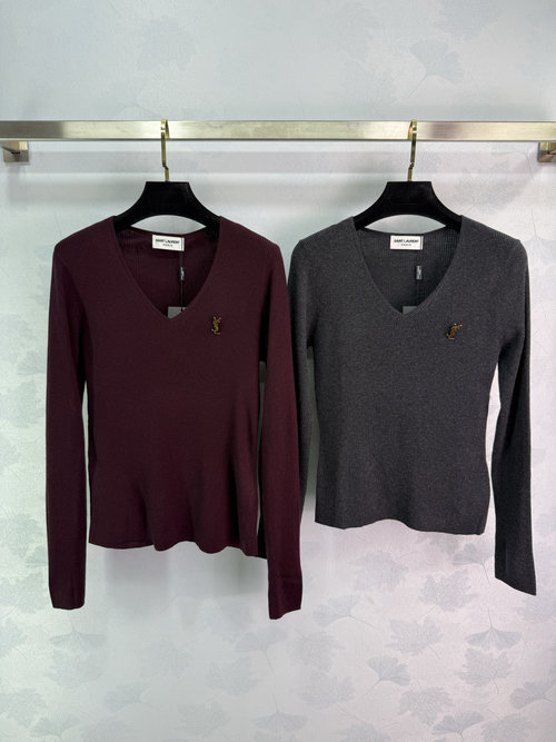 Yves Saint Laurent V Neck Knit Long Sleeve with Vertical Stripes, Elastic and Slimming