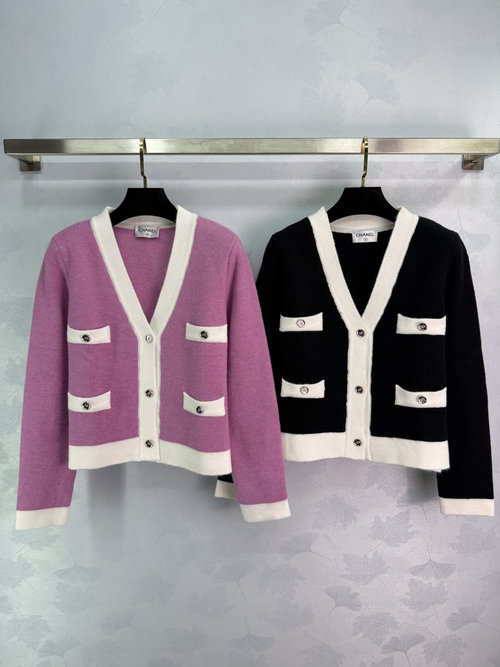 Chanel V-Neck Knit Cardigan with Contrast Color and White Binding