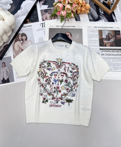 Dior Exquisite Embroidered Knit Short Sleeve for an Elegant Appearance