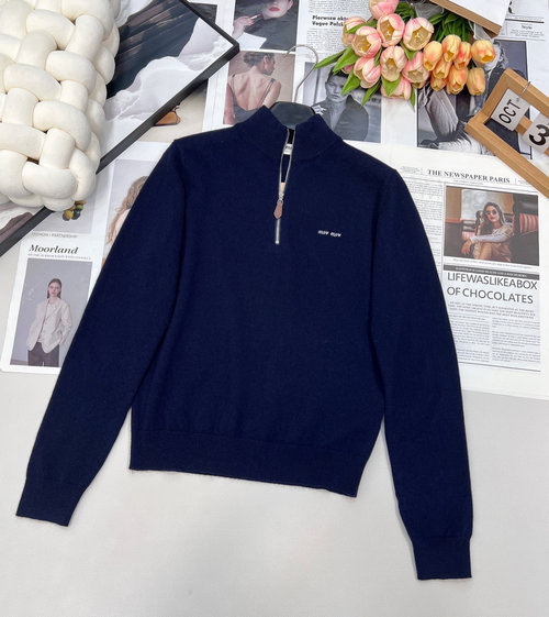 Miu Miu Semi-zipper Wool Knit Sweater with Goatskin, Exclusive Design