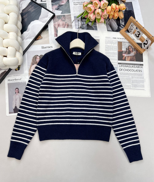 Miu Miu College-style Striped Sweater with Half-zipper, Exclusive Design