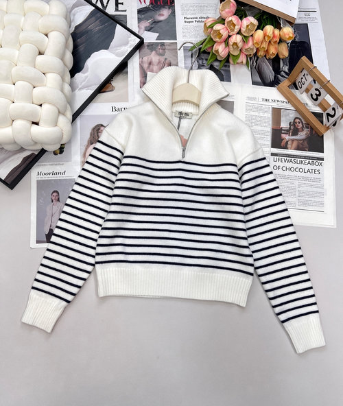 Miu Miu Striped Sweater with Half-Zip, Oversized Fit and Back Letter Label, Exclusive Design