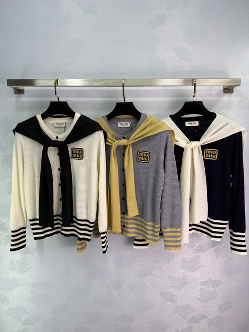 Miu Miu Navy Collar Knit Cardigan with Logo and Detachable Shawl, Suitable for All Seasons