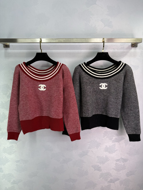 Chanel Stylish One-Shoulder Knit Top with Striped Collar and C Logo