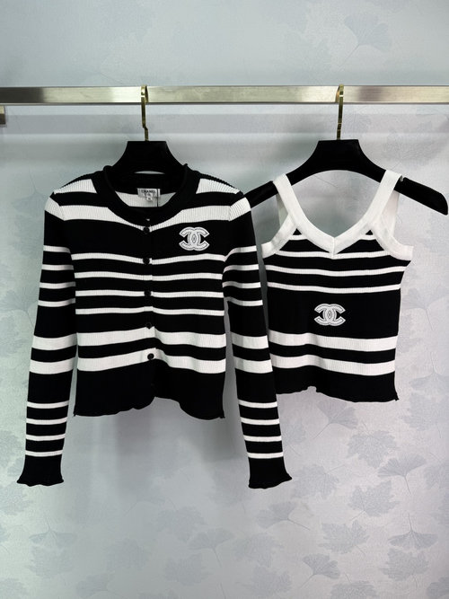 Chanel Slim-Fit Striped Knit Two-Piece Set with CC Logo Embroidery