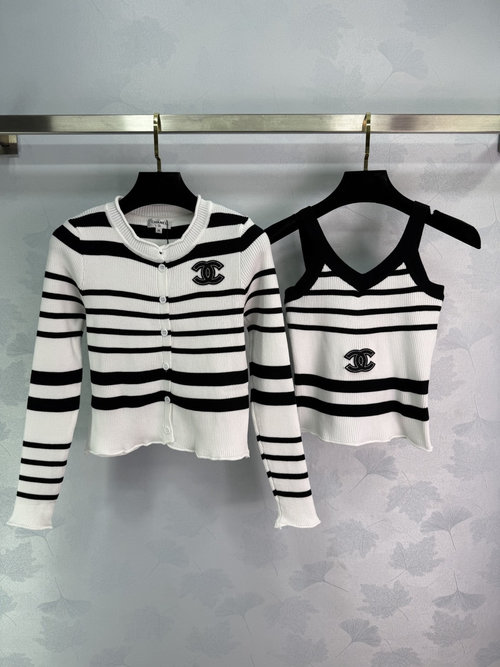Chanel Classic Striped Knit Two-Piece Ensemble with CC Logo Stitch