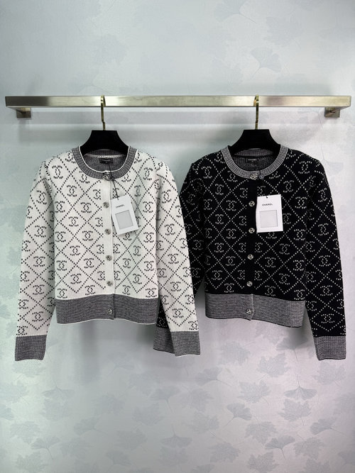 Chanel Graceful Round-Neck Knit Cardigan with Full-Print Logo and Rhinestones