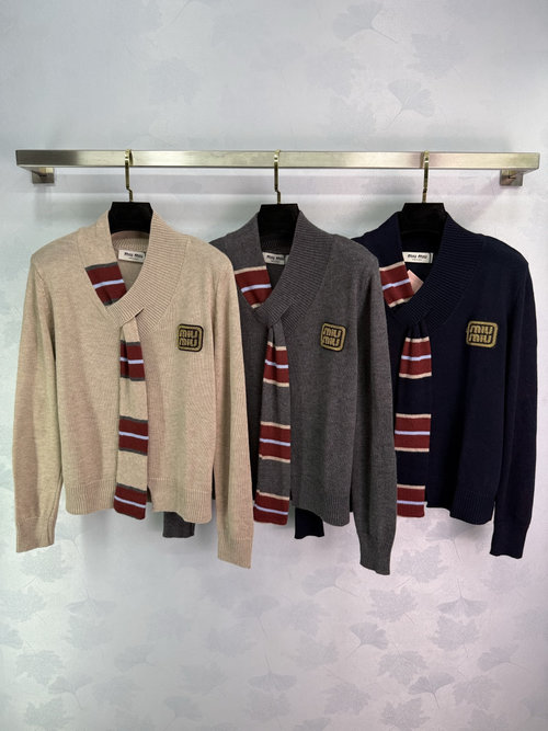 Miu Miu Classic V-Neck Sweater with Gold Logo and Striped Collar