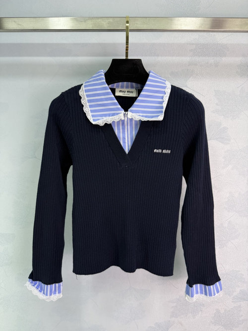 Miu Miu Semi-Academic Knit Long-Sleeve with Collar and Jacquard Letters, Fashionable and Flattering