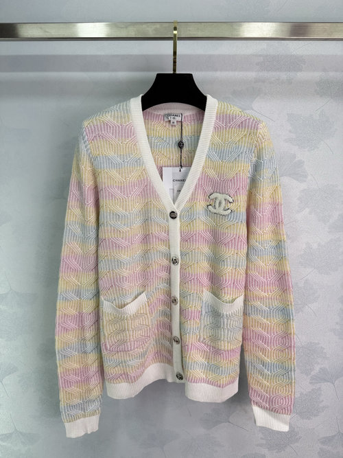 Chanel Colorful Striped V - Neck Knit Cardigan with Double C Logo