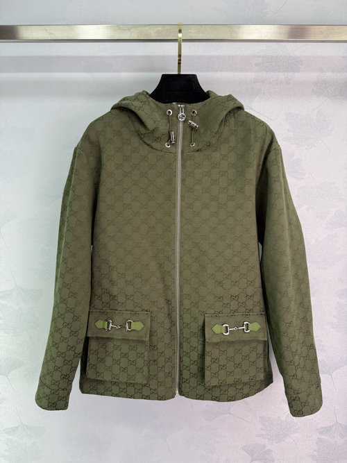 Gucci Double G Jacquard Hooded Jacket with Adjustable Waist Drawstring