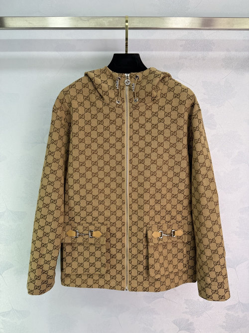 Gucci Hooded Jacket with Double G Jacquard and Metal Horse Bit Decoration