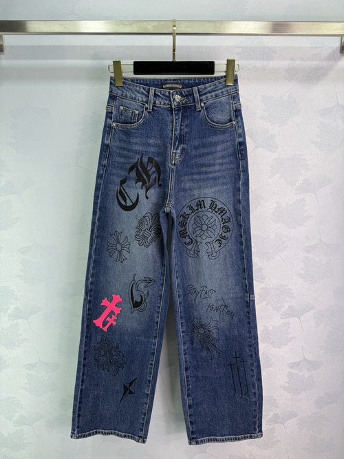 Chrome Hearts Graffiti Leather Cross Elastic Straight-Leg Trousers