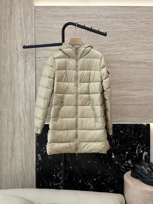 Moncler Classic Waist-Trimmed Mid-Length Down Jacket in Beige and Black
