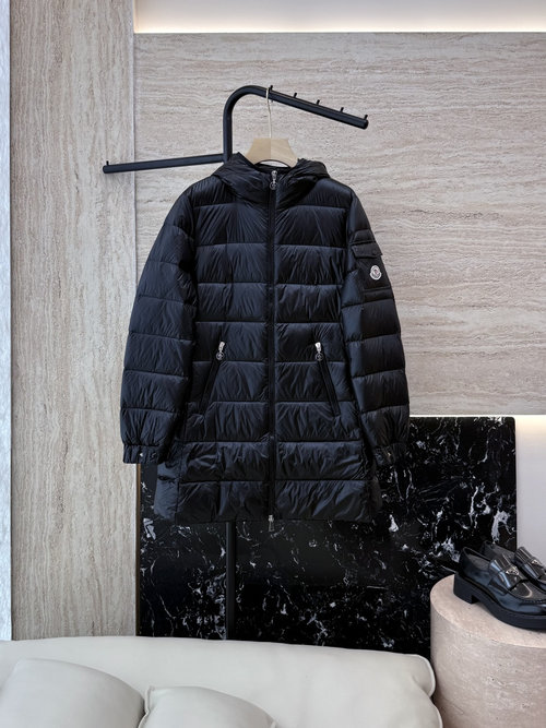 Moncler Classic Waist-Trimmed Mid-Length Down Jacket in Beige and Black