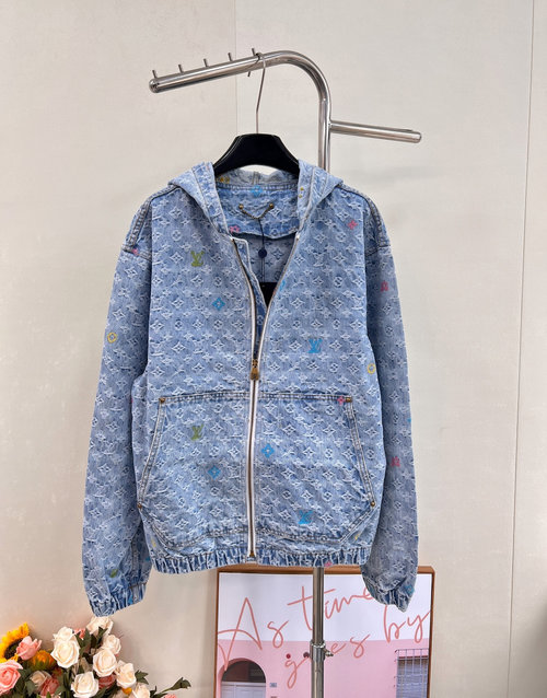 Louis Vuitton Light Blue Denim Jacket with Colorful Embroidered Patterns for a Distinguished Style