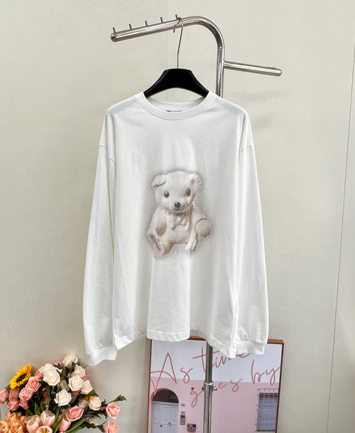 Versace Oversized White Bear Print Long Sleeve T-shirt with Distressed Finish