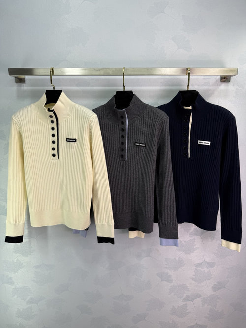Miu Miu Comfortable Semi-High Neck Knit Sweater with Button Front