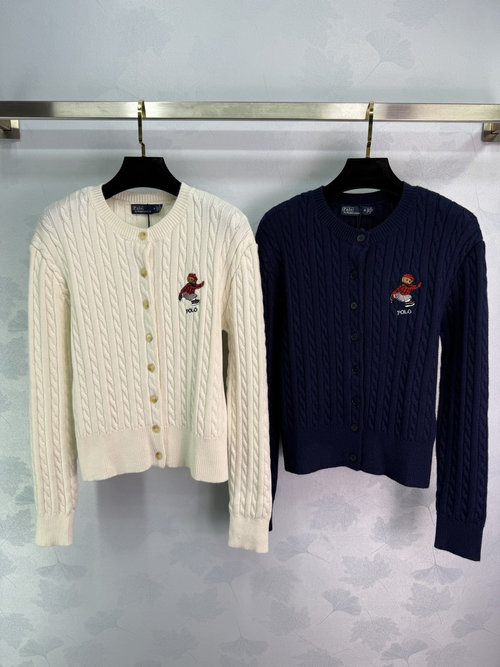 Polo Ralph Lauren Crochet Knit Cardigan with Bear Embroidery, Relaxed Style