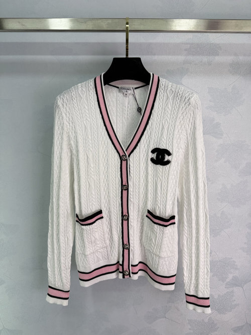 Chanel V-Neck Knit Cardigan with Stripe Trim and Badge Ornament