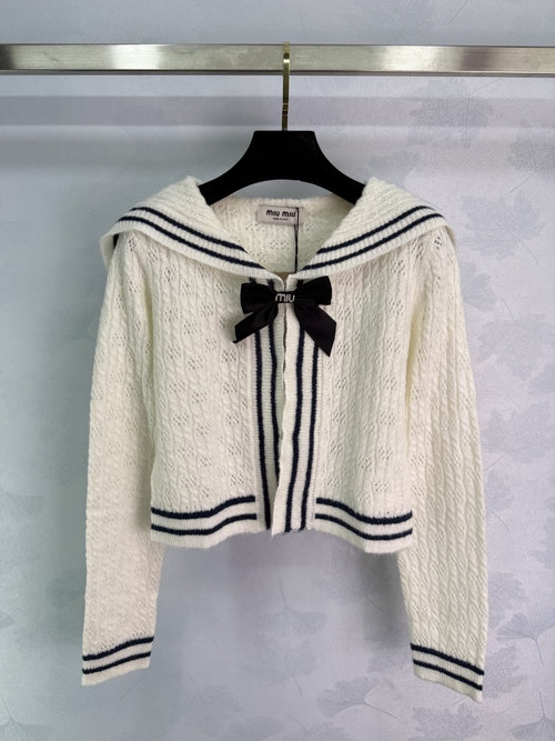 Miu Miu Sophisticated Navy Collar Knit Cardigan with Bow and Stripes