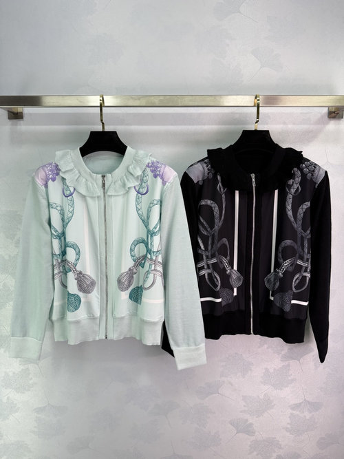 Hermes Chain Print Cardigan with Ruffle Neckline and Zipper Closure, Versatile Style