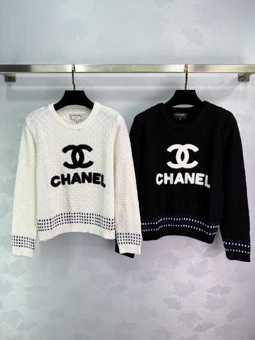 Chanel Double C Knitted Top with Striped Hem in Vintage Style