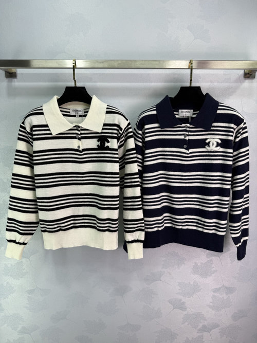 Chanel Striped Collar Knit Sweater with Double C Logo Embroidery