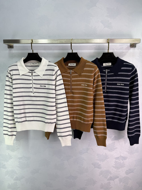 Miu Miu Polo Collar Knitwear with Contrasting Stripes and Logo Embroidery