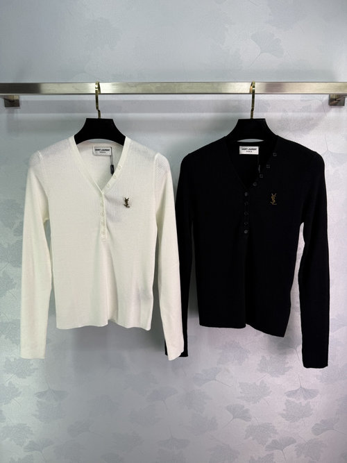 Yves Saint Laurent Chic V-Neck Knit Cardigan with Metal Logo and Special Buttons