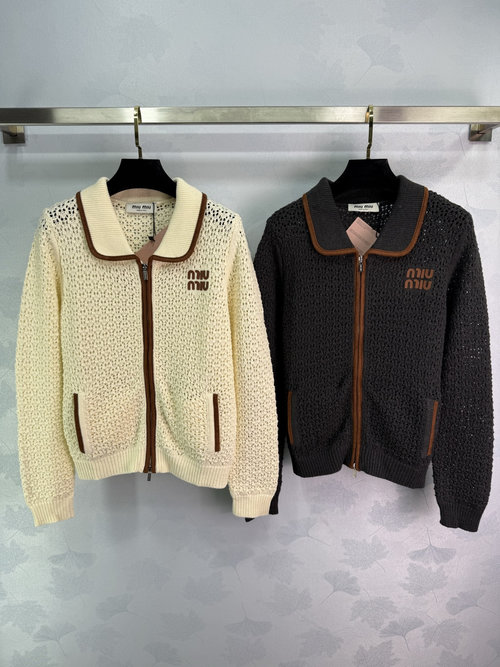 Miu Miu Fashionable Collared Zipper Knit Cardigan with Letter Logo and Hollow Texture