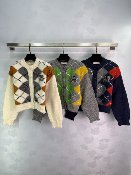 Miu Miu Classic Checkered Knit Cardigan with Logo Embroidery