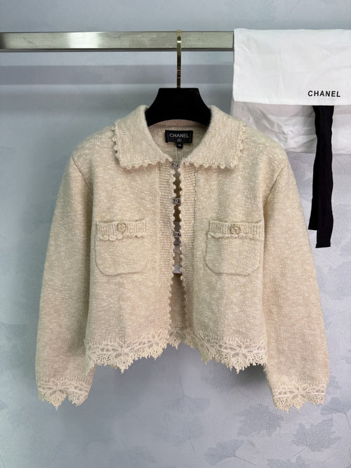 Chanel Embroidered Lace Knit Cardigan with Water-drill Buttons, Refined and Versatile