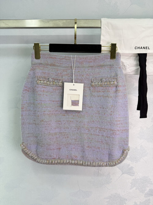 Chanel Woven Knit Skirt with Double C Buttons, Elegant and Harmonious