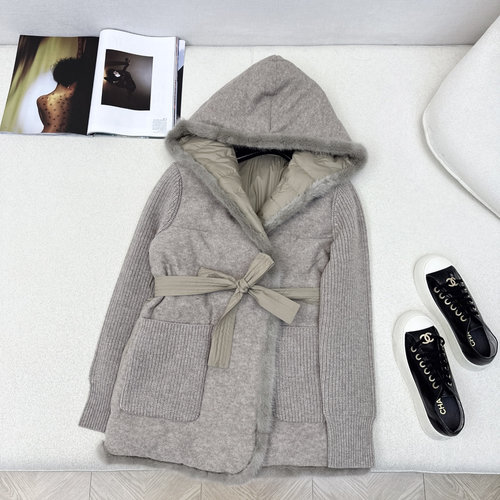 Loro Piana Exclusive Wool-Knit Spliced Hooded Down Jacket, Stylish and Warm