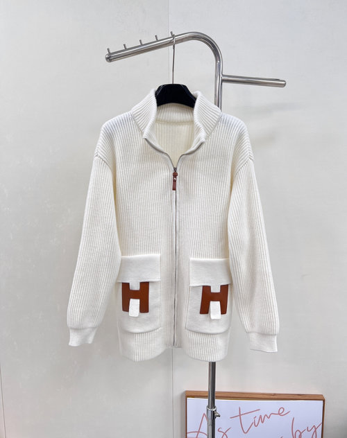 Hermes 100% Wool Collared Zippered Jacket with H Logo Pockets