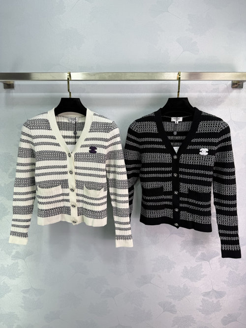 Chanel V-neck Striped Knit Cardigan in Soft Wool with Double C Logo and Vertical Ribbed Fabric