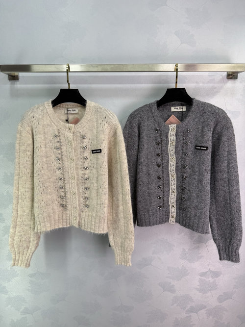 Miu Miu Elegant Knit Cardigan with Lace Trim and Rhinestone Decoration
